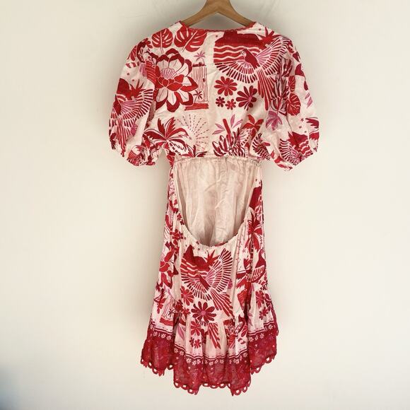 Farm Rio Tiles Red Floral Puff Sleeve Open Back Cotton Mini Sundress Size XL - Picture 5 of 5